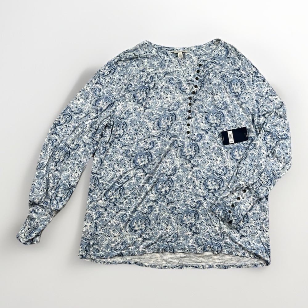 LUCKY‎ BRAND Top Womens Large Blue White Paisley Hippie Boho Print Button Blouse